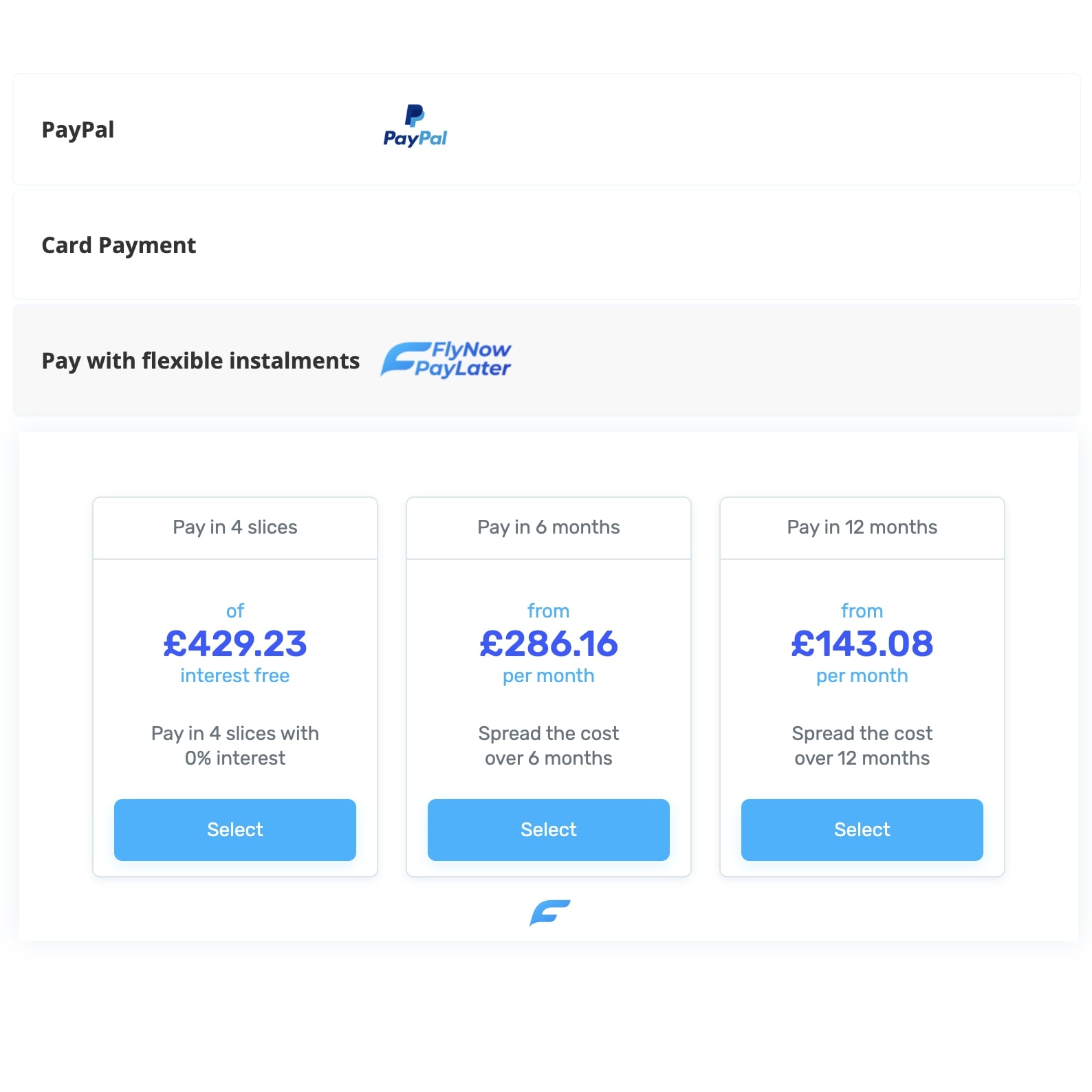 Screenshot of FlyNowPayLater.com Payment Method Options