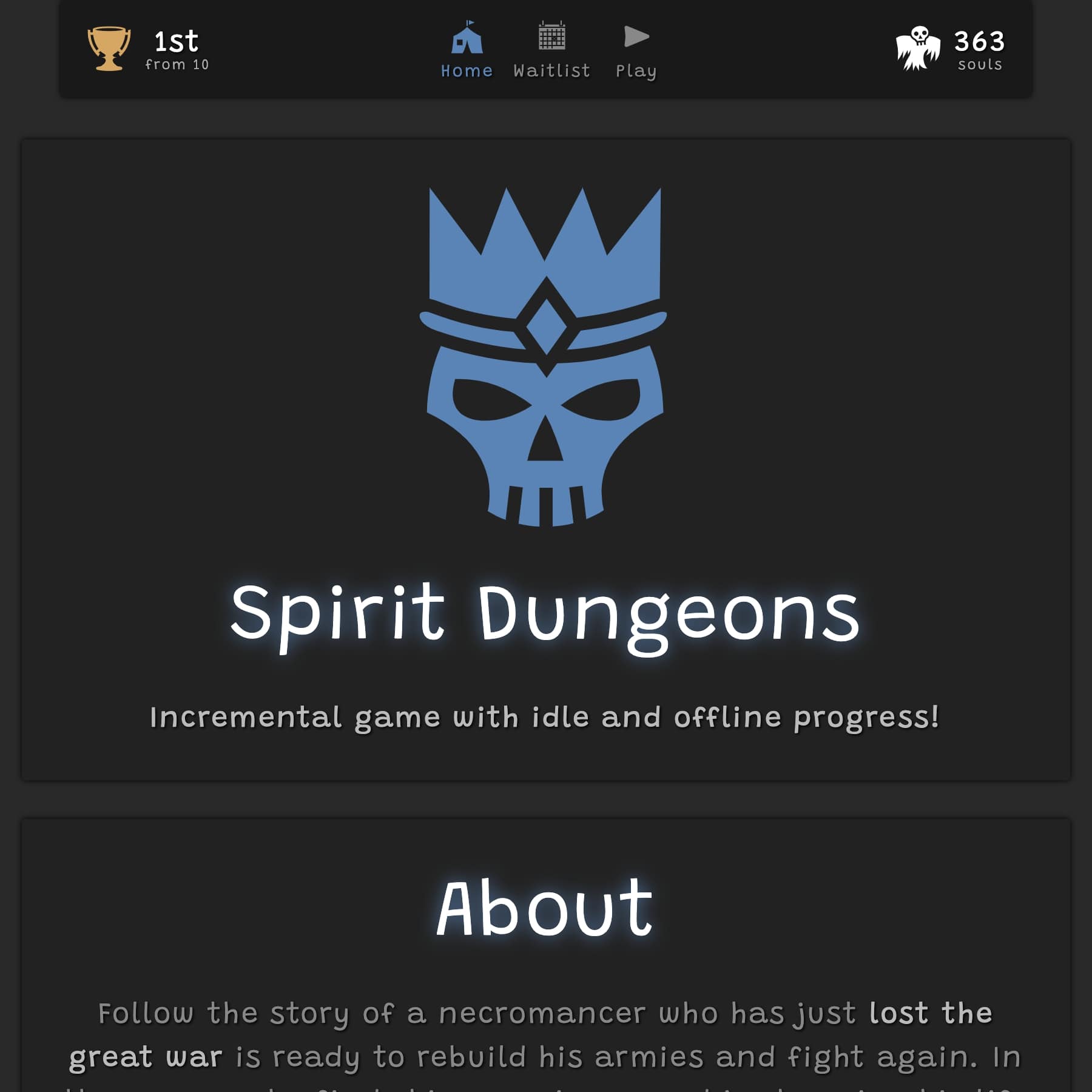Screenshot of SpiritDungeons.com Homepage
